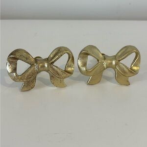 SET of TWO gold tone metal bow-shaped cabinet knobs dresser handles drawer pulls